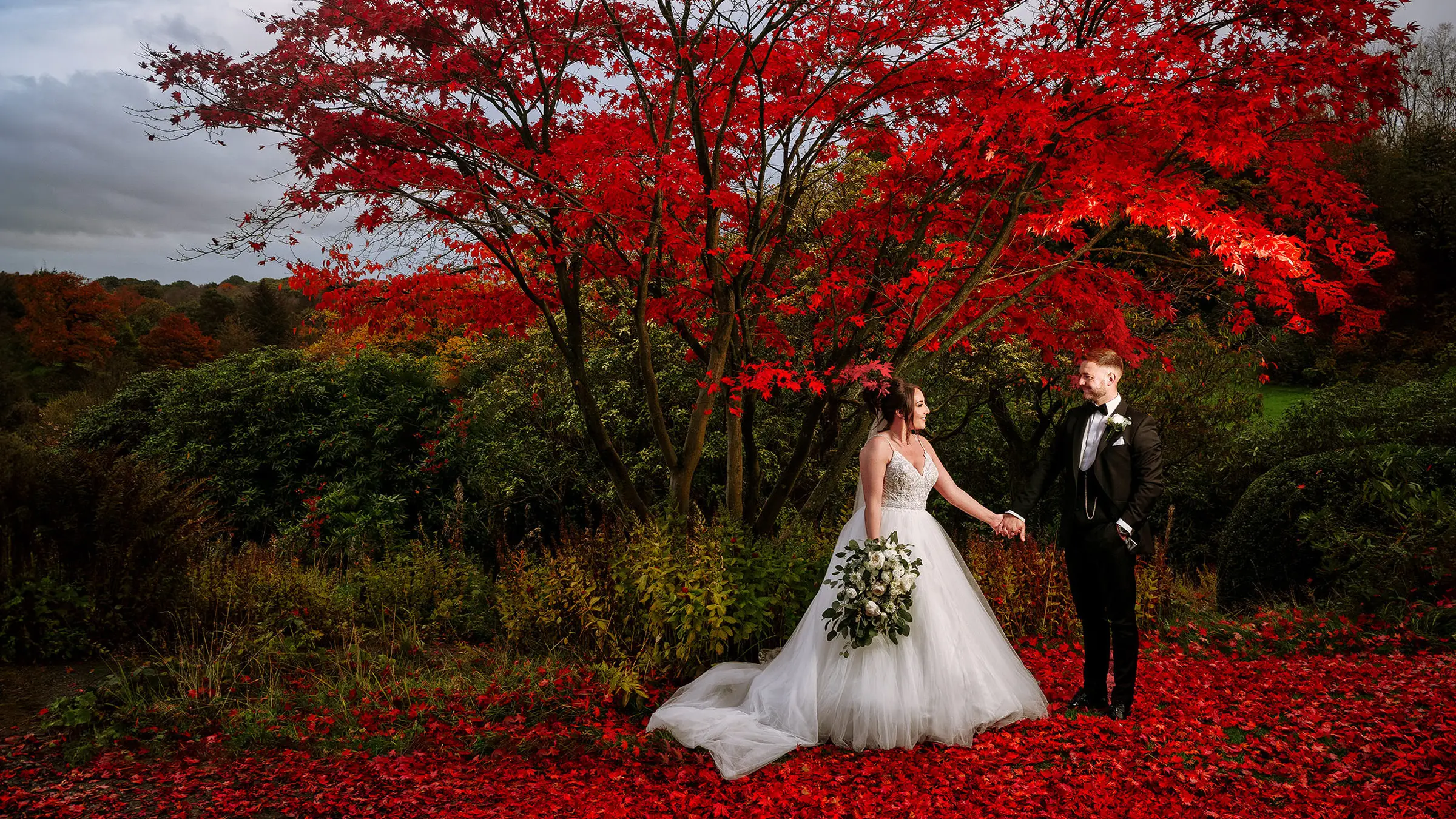 Bride and groom holding hands beneath a blazing red acer tree in autumn, fallen red leaves covering the ground — documentary wedding photography by Gary Phillip