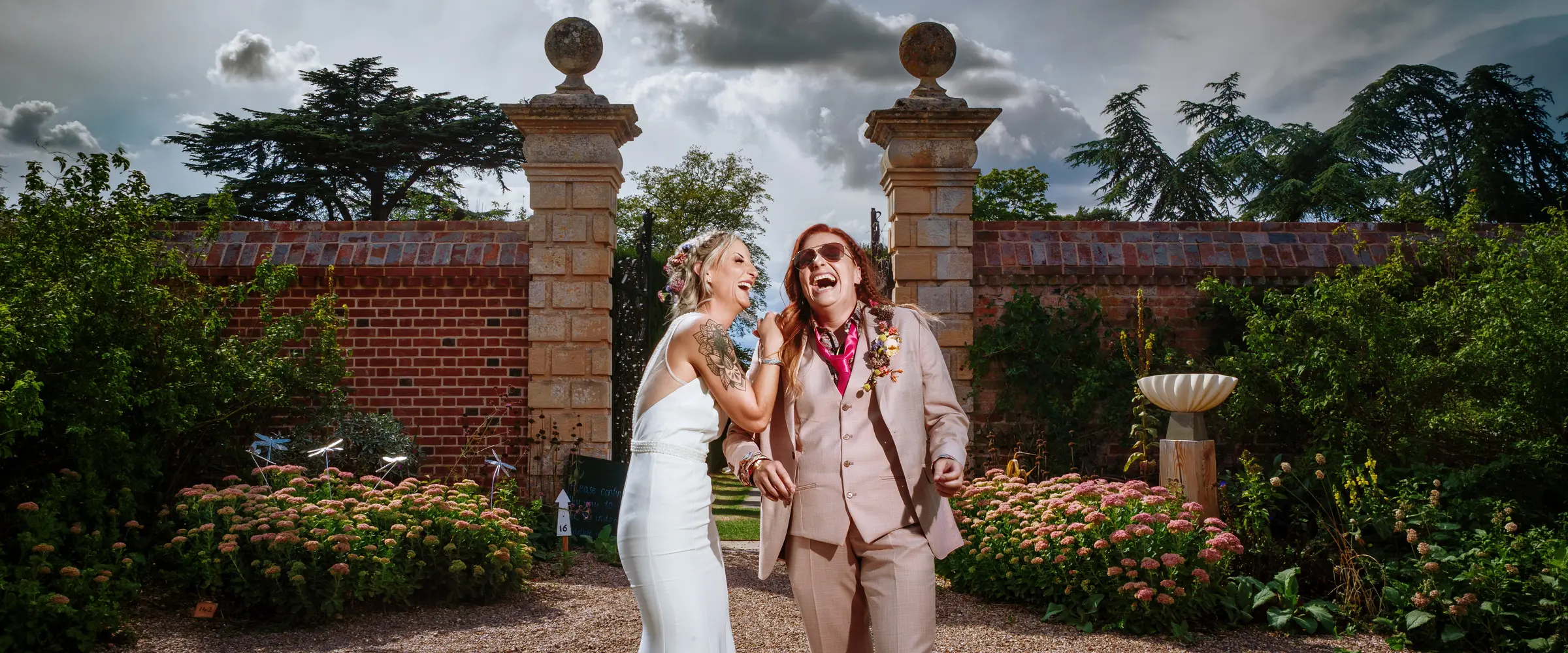 Amy and Abby on their wedding day at Doddington Hall, Lincolnshire