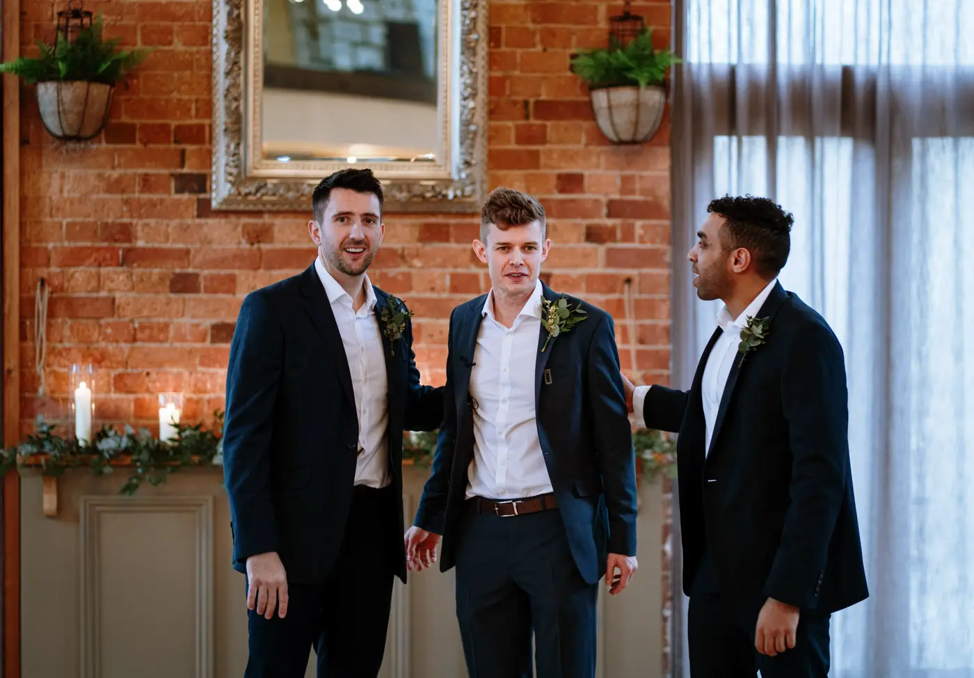 Groom Ben with his two best men waiting for the ceremony to begin at Carriage Hall, Nottinghamshire