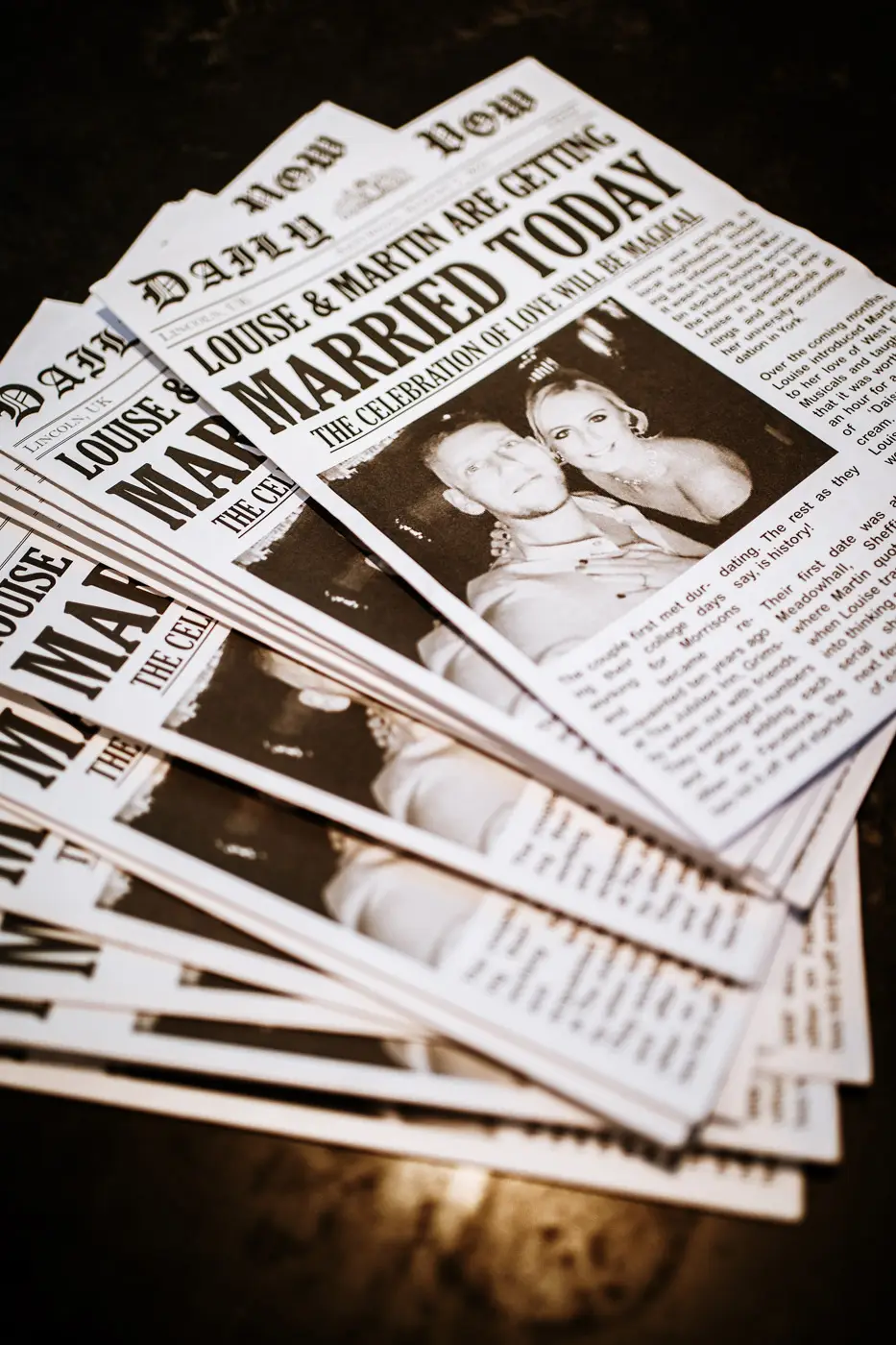 Newspapers with the headline Louise and Martin are getting married today, a personal detail from their Doddington Hall wedding in Lincolnshire