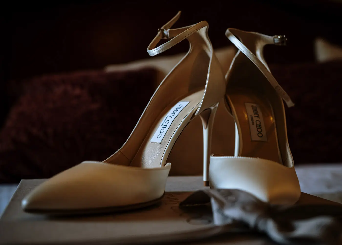 Bride Louise's Jimmy Choo bridal shoes, a detail from her wedding morning at Doddington Hall, Lincolnshire