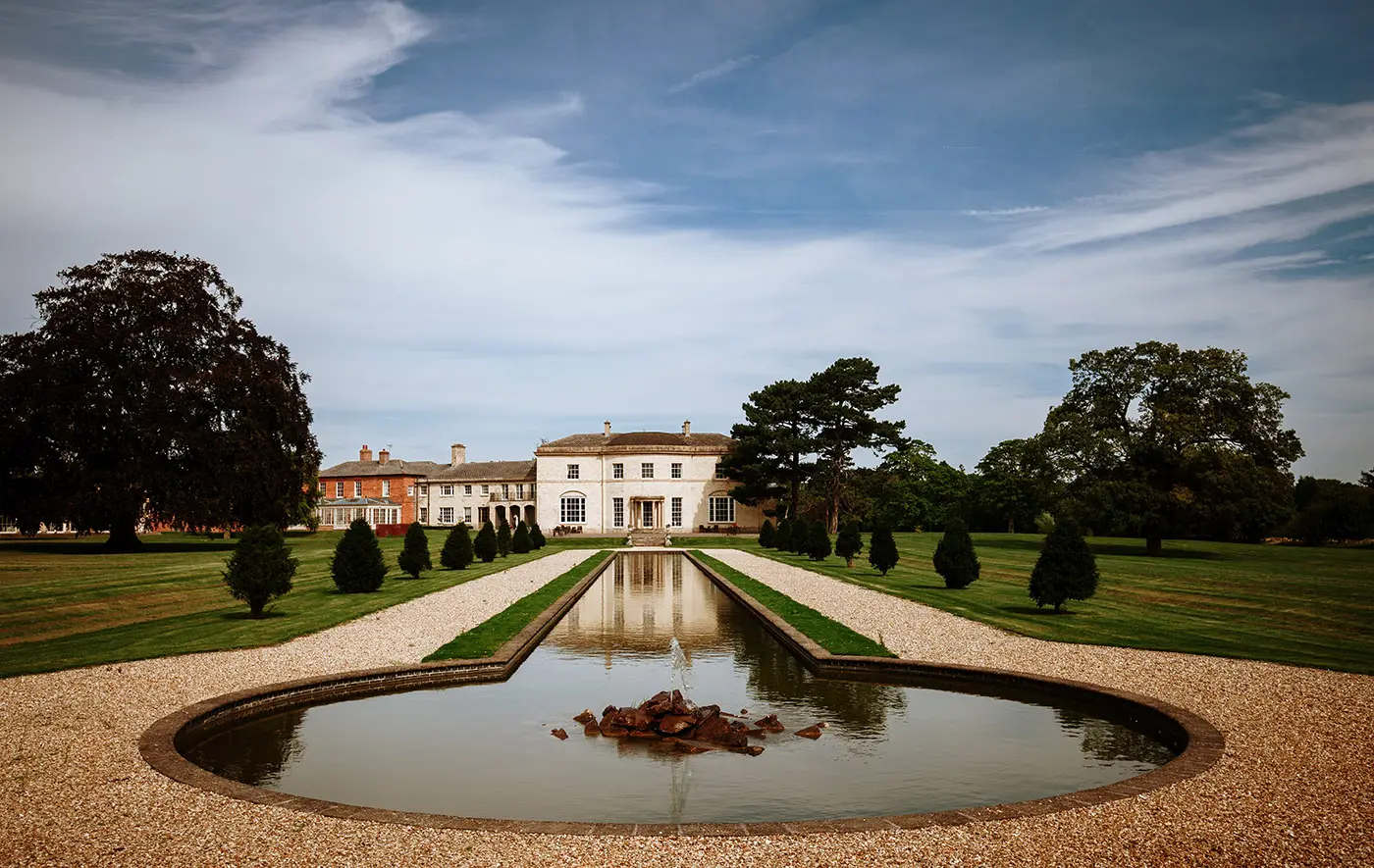 Stubton Hall, Nottinghamshire with the ornamental pond and fountain in the foreground, one of the finest private country house wedding venues in the East Midlands